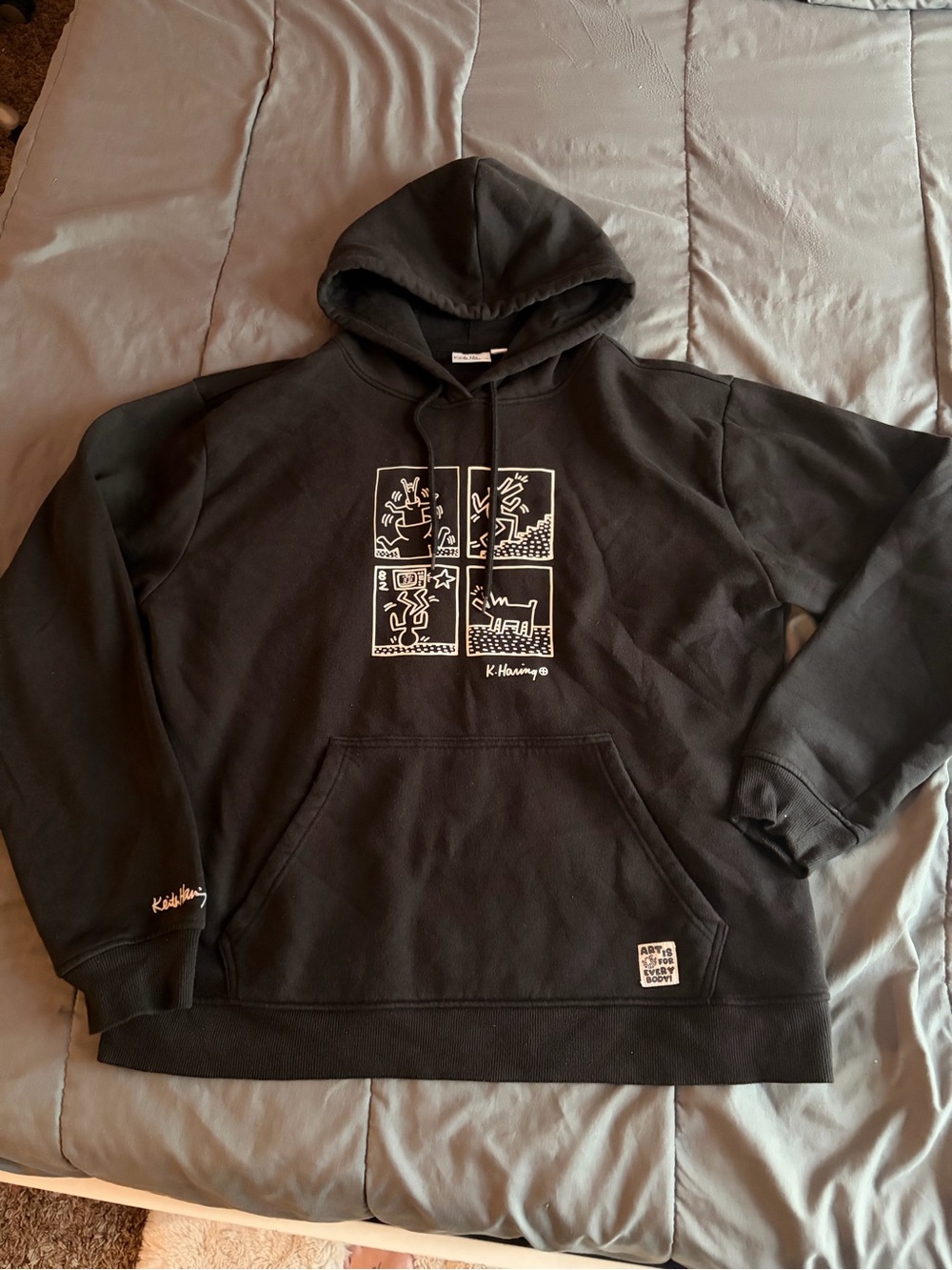 Keith Haring Black Graphic 4 Panel Comic Hoodie Large